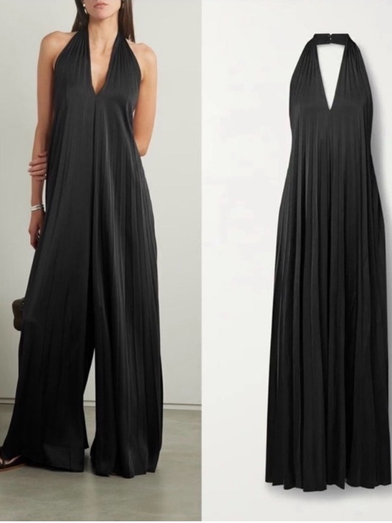A.L.C. Pants - A.L.C. Jumpsuit Rio Halter Pleated Wide Leg in Satin Black